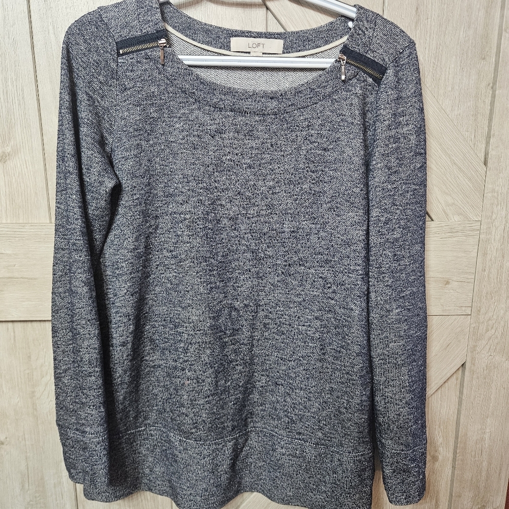 LOFT Heathered Navy Blue Zipper Shoulder Pullover Sweatshirt - Size Small